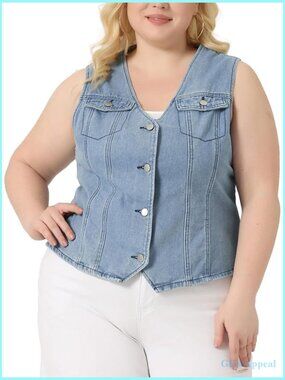 Plus Size Denim Vest V Neck Sleeveless Button Utility Jean Jacket Vest Women